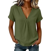 Cotton Linen Blouses for Women Pleated V Neck Short Sleeve Loose Fit Tops for Casual Summer Daily Wear Outdoor