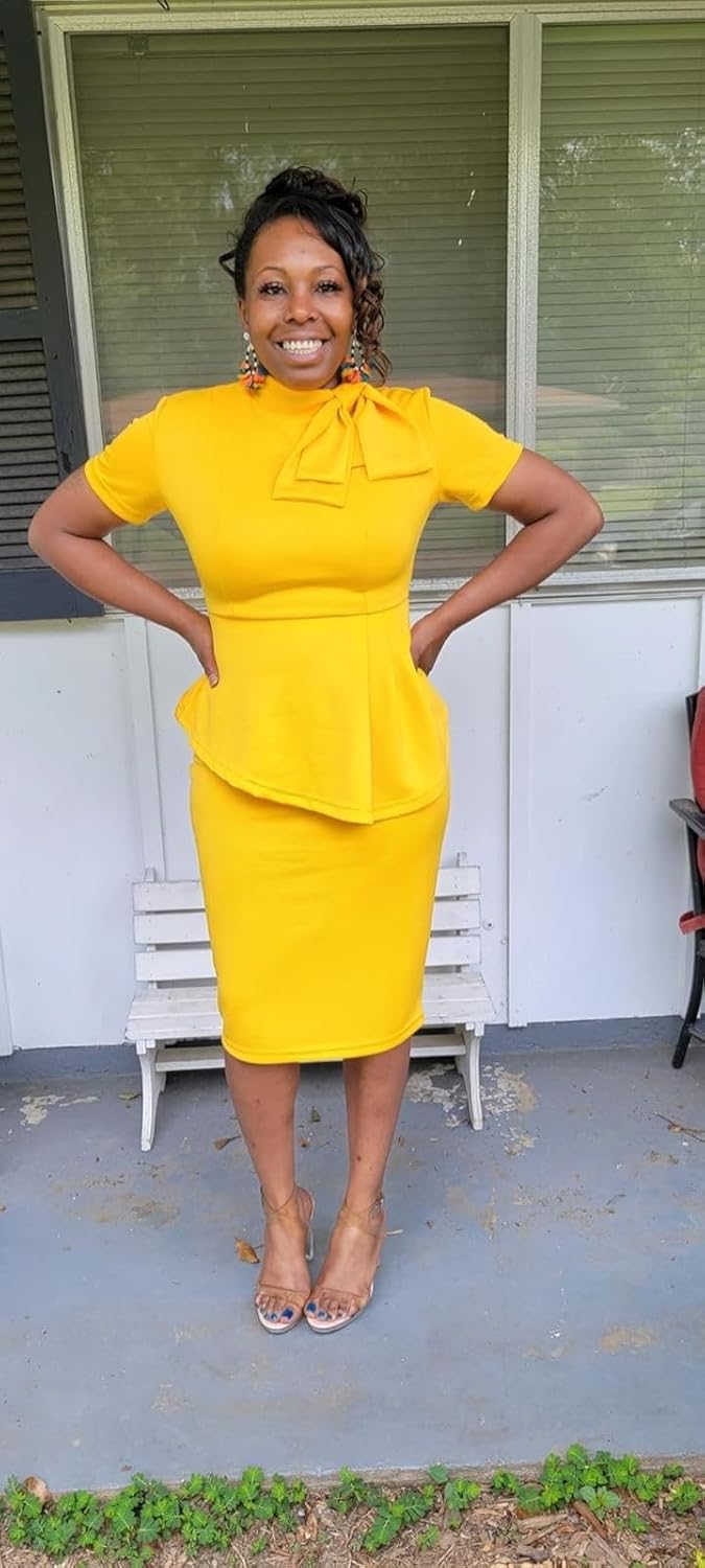 Women's Peplum Bodycon Long Sleeve Wear to Work Dresses Bow Party Club Ruffle Formal Cocktail Pencil Dress - Image 5