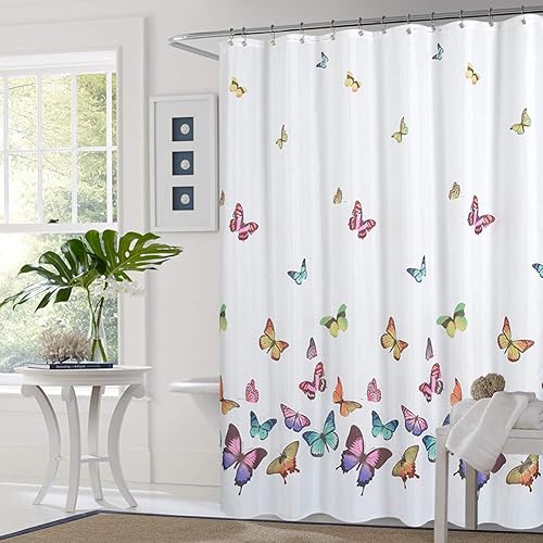 Jasion Juego de cortinas de ducha con diseño de mariposas coloridas en primavera, tela impermeable, cortinas de baño, decoración de baño para el