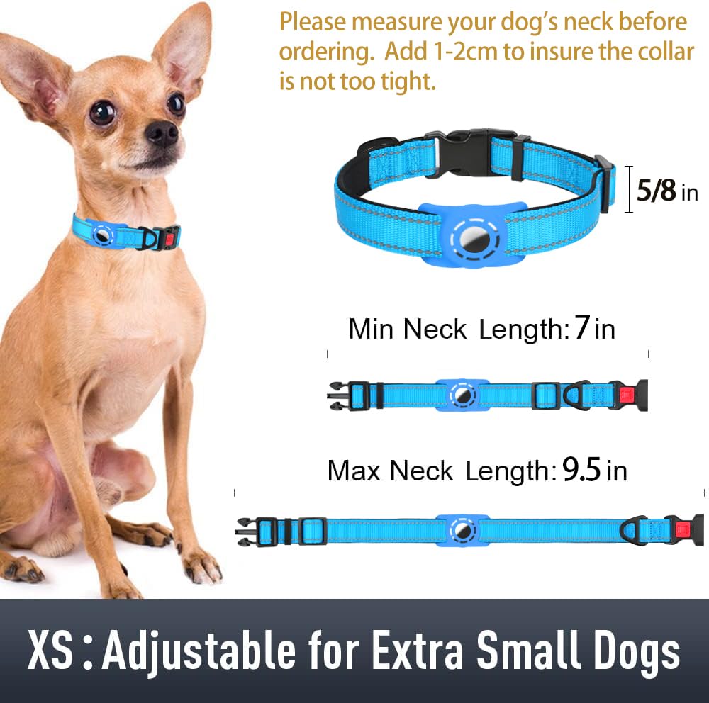 Airtag, collare per cani e cuccioli, collare riflettente per cani con supporto AirTag, morbido imbottito e fibbia di sicurezza, collare in nylon regolabile per tutte le razze, blu cielo