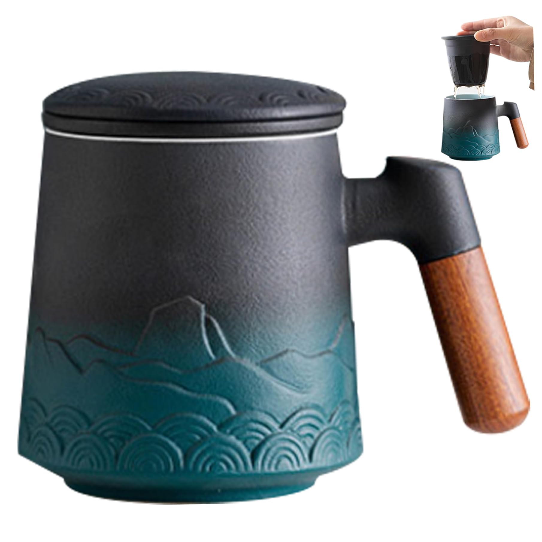 Taza de té de cerámica vintage de mar y montaña de 15, 2 onzas con infusor y tapa, taza de infusor de té con asa, de café con colador, festival de cumpleaños (verde)