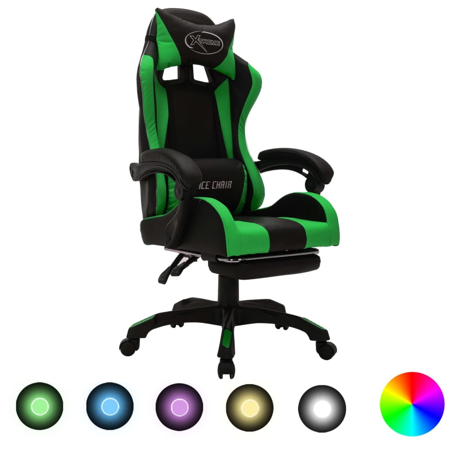 Rantry Silla de gaming con luces LED RGB verde y negra de piel sintética, silla de descanso, silla de oficina ergonómica, silla de escritorio, silla de oficina, salón, dormitorio