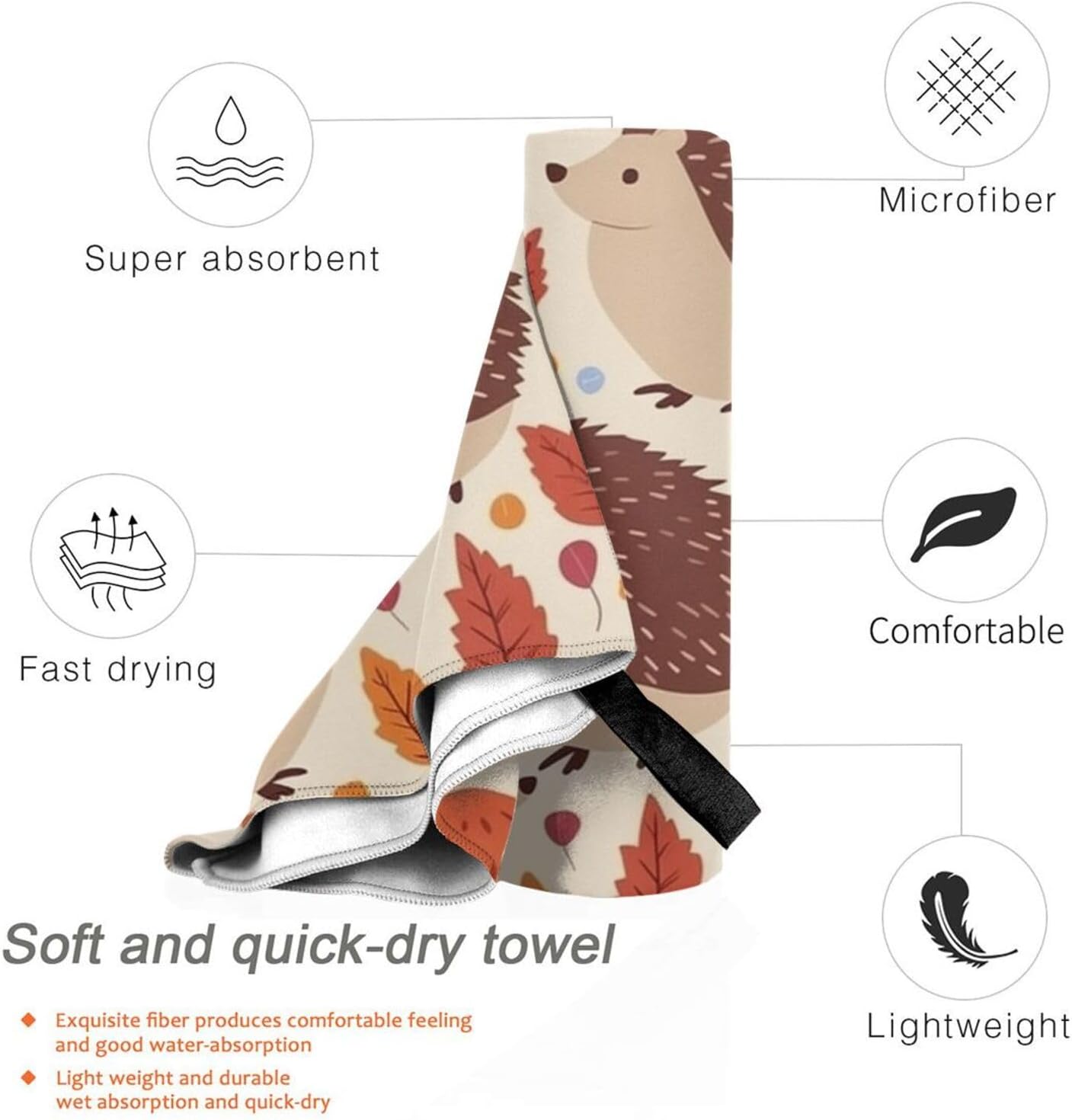 KHiry Microfiber Towel Beach Towels Nature Lovely Hedgehog Quick Dry Towel Soft Lightweight Travel Towels Absorbent Large Easy Pack Travel Things Beach Blanket for Gym Sports Swimming