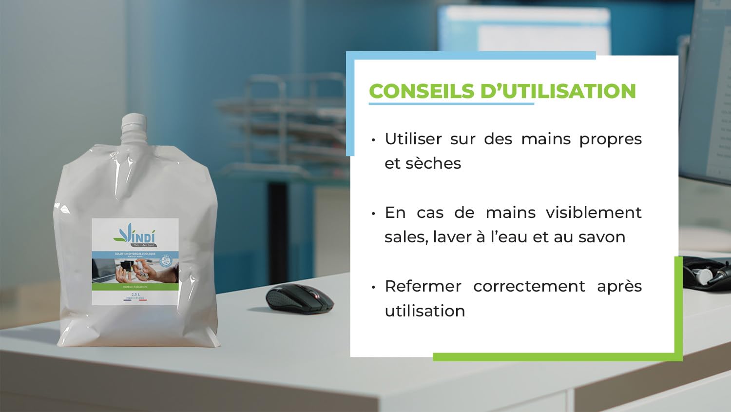 Vindi Désinfectant solution hydroalcoolique - Bidon-écorecharge de 2,5L - Fabrication Française - 76% d'alcool - Désinfection des mains et des surfaces - Virucide
