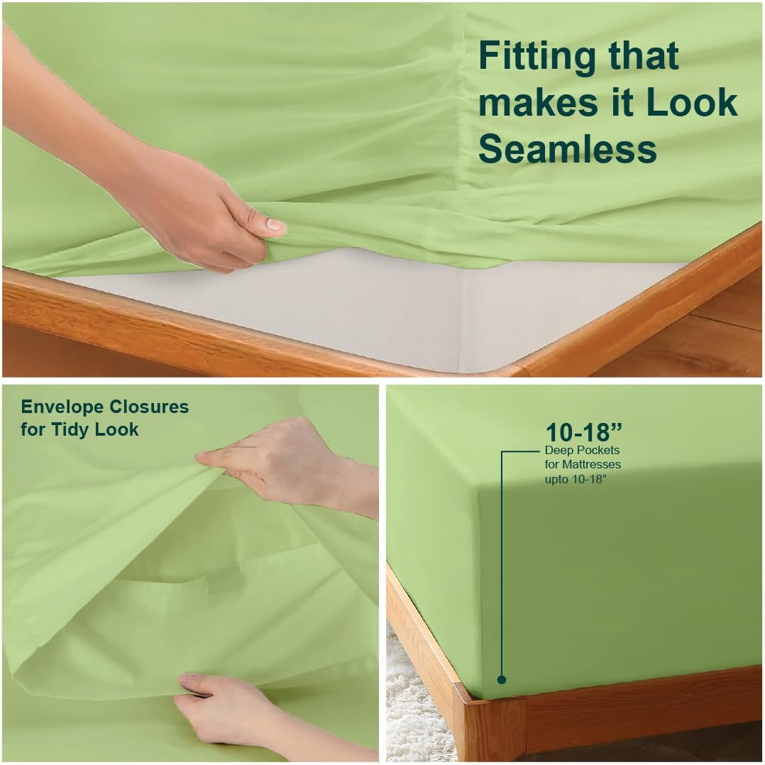 NON Sticky cotton 4 Piece Head Flex King Fitted Sheet Set for Sleep Number Adjustable Bed, 100% Long Staple Cotton Bed Sheets, 34" Top Split, Fits 18" Deep Mattress, 78" X 80", Sage Solid