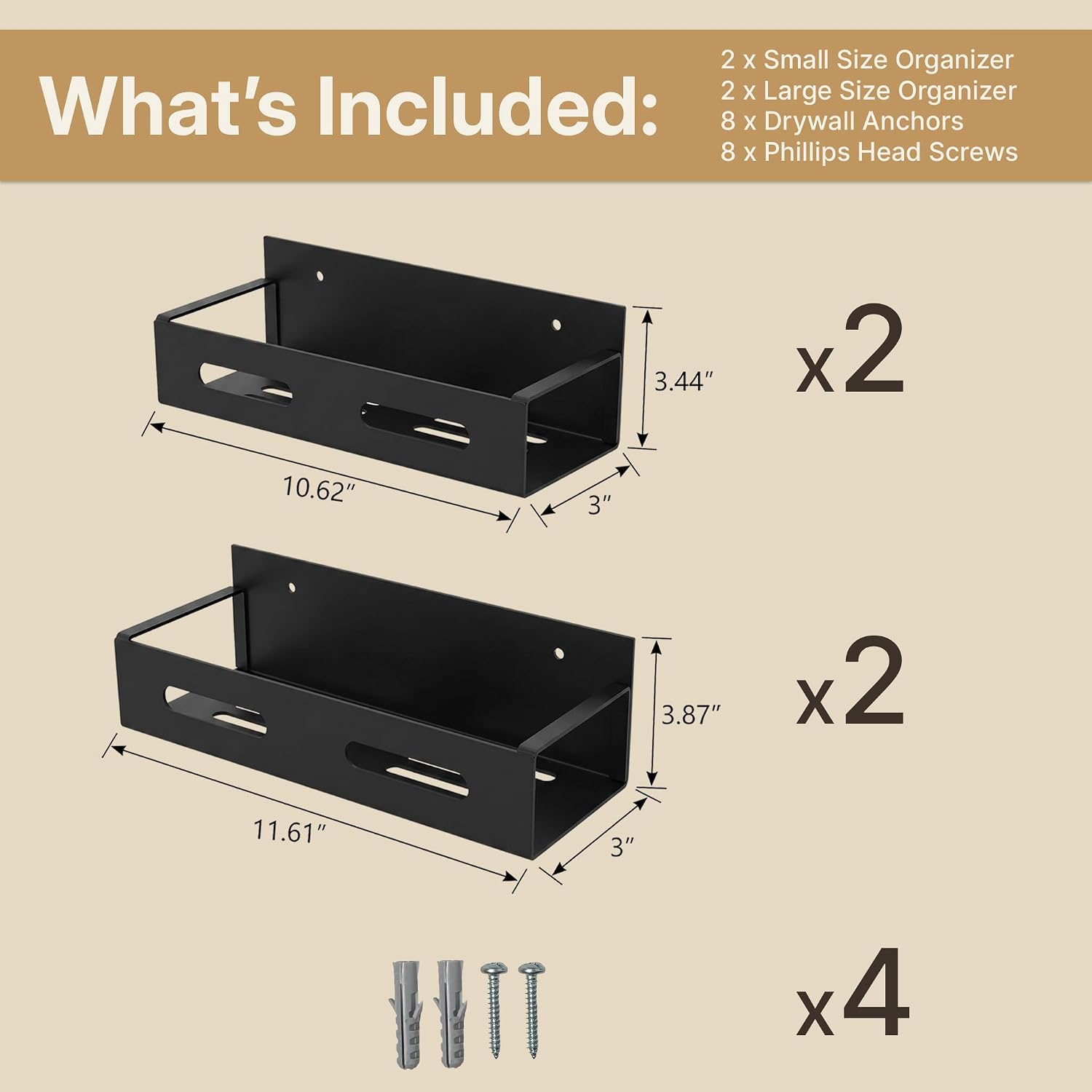 Wall-Mounted Metal Storage Rack 4-Pack - Garage and Workshop Organizer for Tools, Hardware, Cleaning Supplies - Black Texturized Powder-Coat