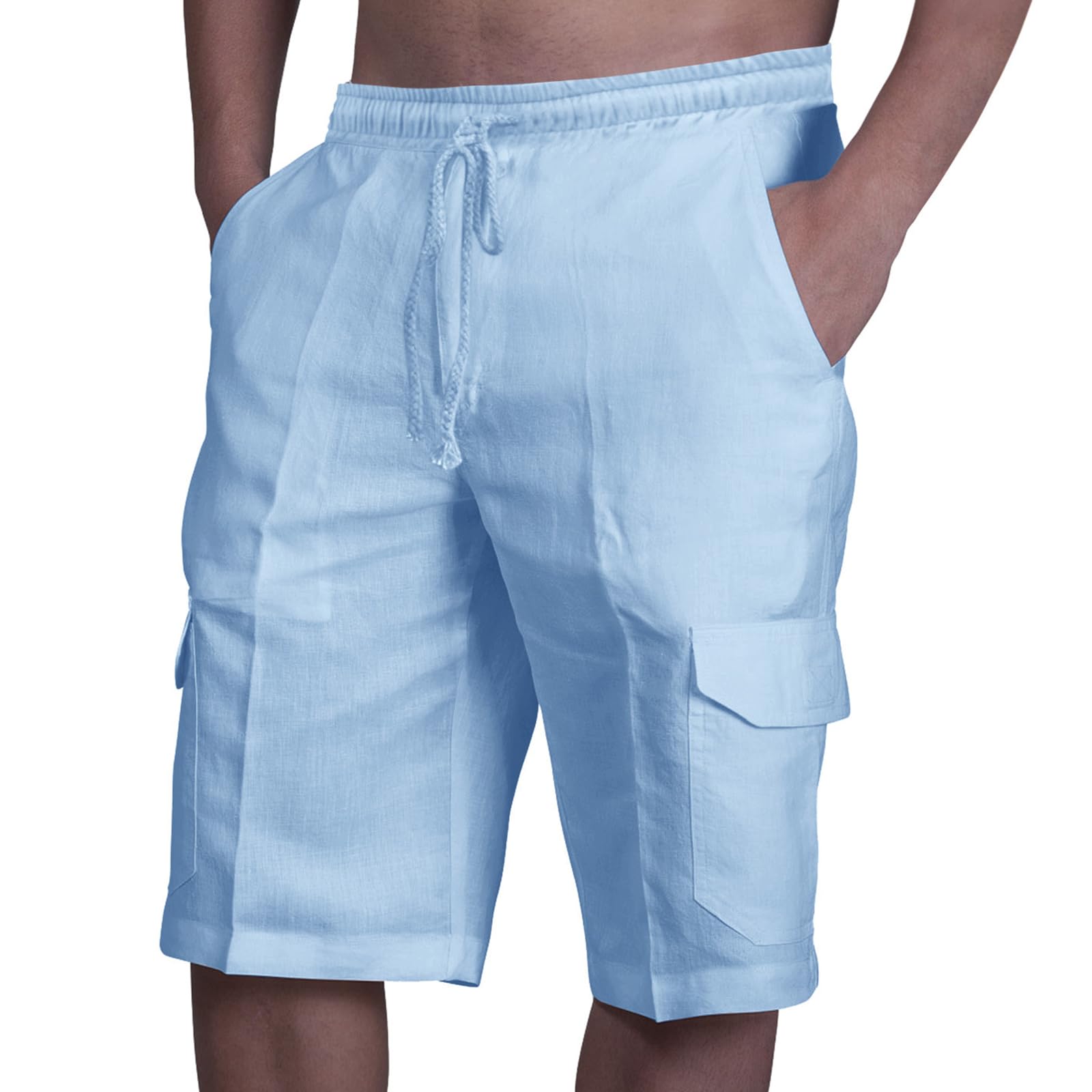 Youthful flying Cotton Linen Shorts for Mens Elasticated Waist Bermuda Shorts Quick Dry Running Shorts(Size:M,Color:Blue)