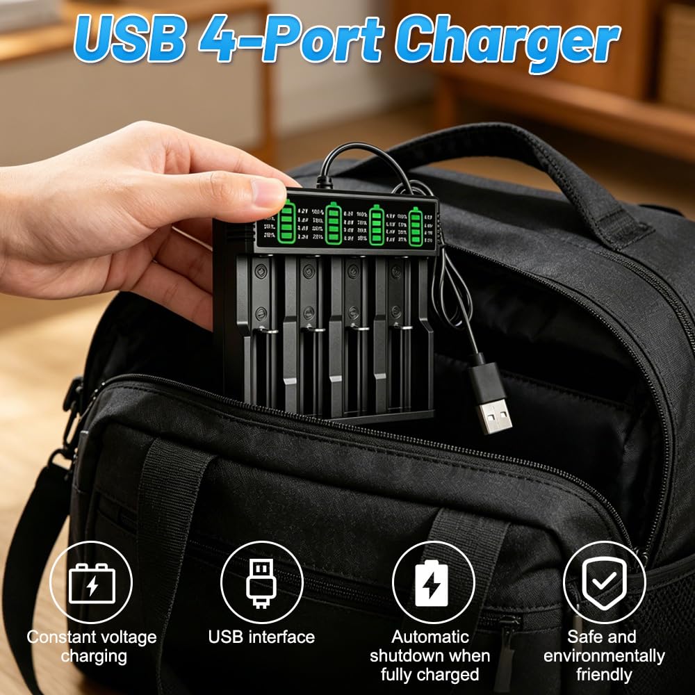 Cargador Pilas Recargables 18650, SGZIOO Cargador Pilas USB C con 4 Piezas 2200 mAh Baterías con Terminal Elevado, para 3.7V Li-Ion Recargable Batería 18650, 21700, 26650, 14500, 18500