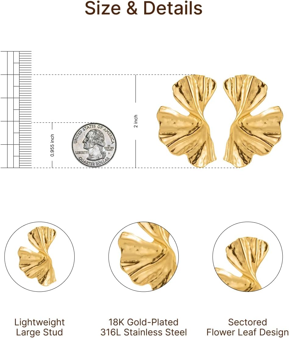 18K Gold Plated Stainless Steel Statement Earrings for Women - Trendy Wavy Petal Design, Hypoallergenic Chunky Textured Drop Earrings for Daily Wear, Party, Gift - Image 4