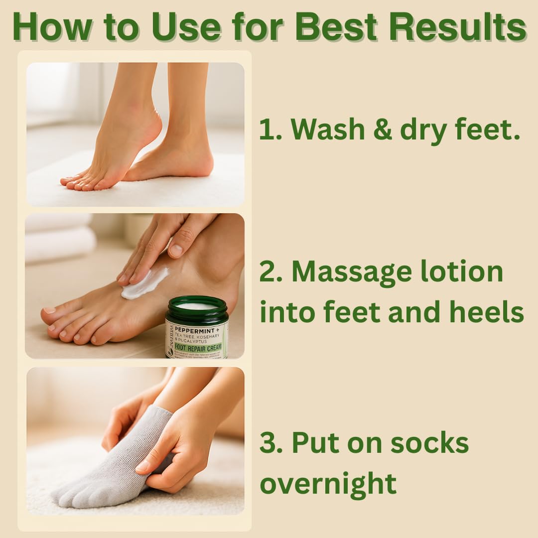 Natural Escapes Peppermint + Rosemary, Eucalyptus & Tea Tree Foot Cream for Dry Cracked Heels and Feet - Moisturizing Foot Lotion for Cracked Heel Repair - Callus Remover with Lactic Acid (4 oz)