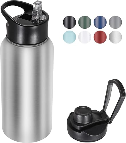 Miniatura 104 de Paquete de 8 botellas de agua deportivas de acero inoxidable con aislamiento de 32 oz, botellas de agua con tapa de pajita y tapas de boca ancha,
