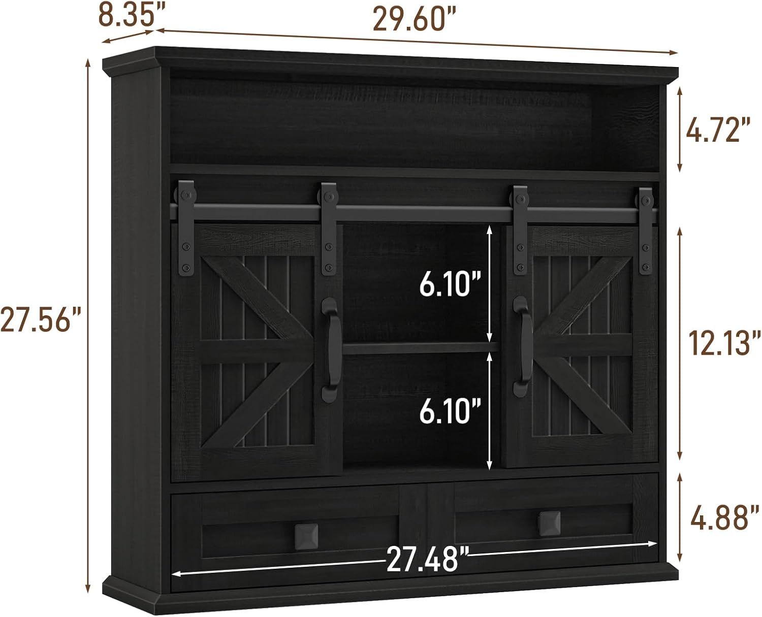 Vabches Bathroom Wall Cabinet, Farmhouse Medicine Cabinet with Double Sliding Barn Door and Storage Drawer, Wooden Vintage Storage Cabinet Wall Mounted for Bathroom, Kitchen, Rustic Black