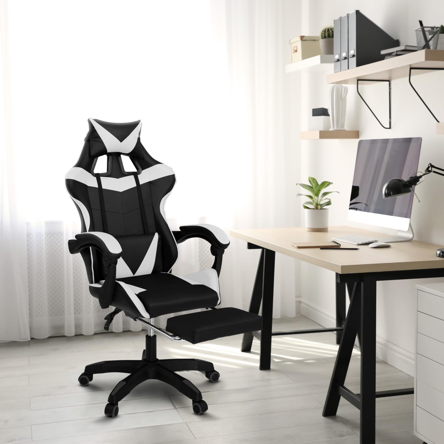 IDMarket - Silla gaming, silla de oficina negra y blanca ALEX