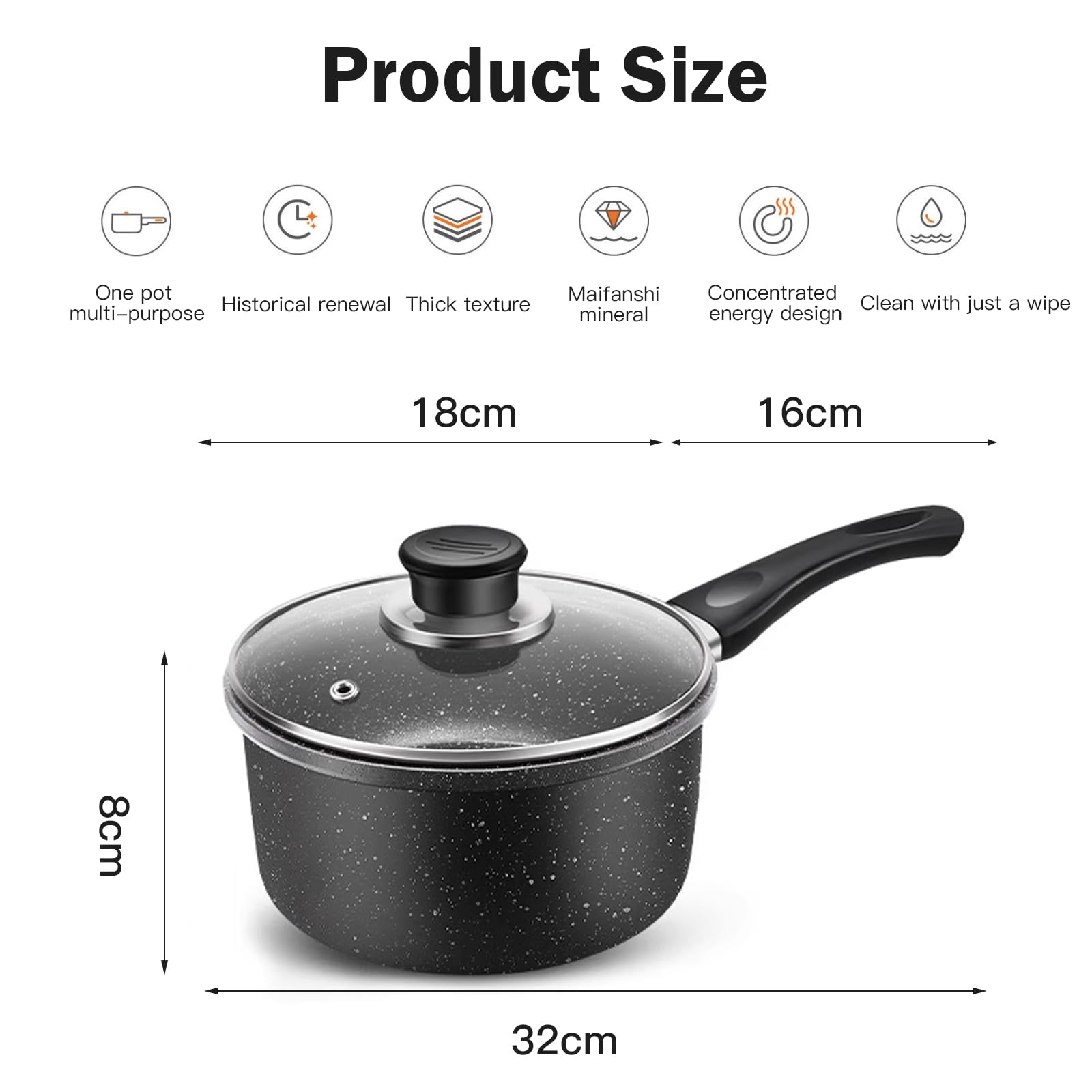 MeYuxg Olla para Leche Con Tapa, Cacerola de 18 Cm, Cacerola de Inducción de 2 L Antiadherente, con Mango Extraíble para todo Tipo de Cocinas, Universal para Cocinas de Inducción y de Gas(Negro)