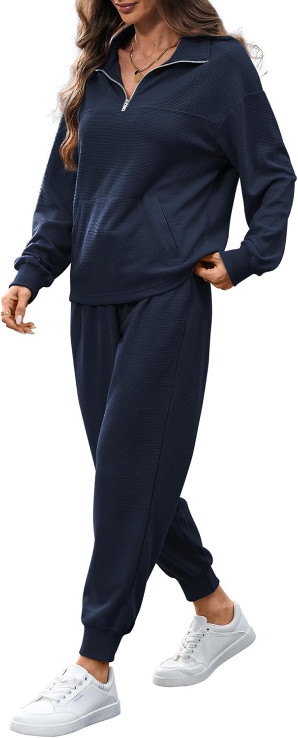 Women's Waffle Knit 2 Piece Outfits Lounge Sets 1/4 Zip Up Pullover Long Sleeve Top Jogger Sweats Track Suits Set - Image 4