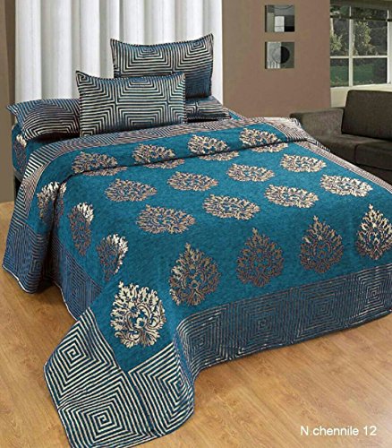 Image of Fresh from Loom Chenille 500 TC Double Bedsheet, Dimas Print Design with 2 Pillow Covers, Bedsheet Set for Bedroom Styling, Soft Touch Breathable Beddin 90x100 Inches | Jhumka Sky Blue | Chenille