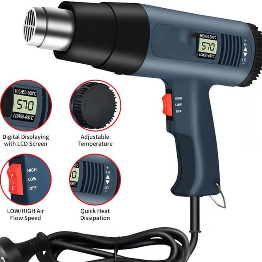 Pistolet à air Chaud à Chauffage Rapide avec écran 2000 W 60 °C à 600 °C Protection Contre Les Surcharges Pistolet Thermique pour Loisirs Créatifs et Rétraction du PVC