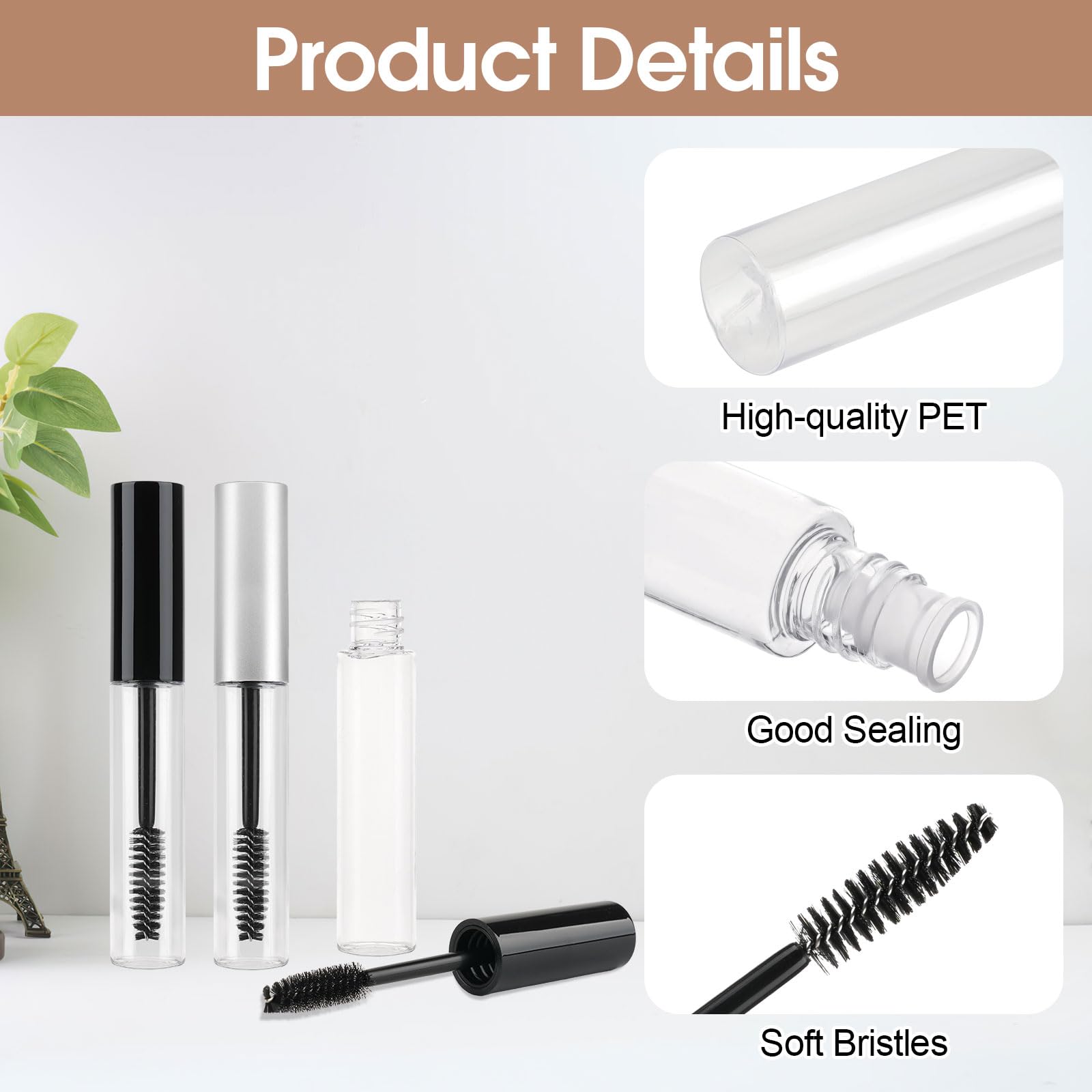 6 Stück Leere Mascara Flasche,Nachfüllbare 10 ml Wimperntusche Tube,Transparente Mascara Tube mit 3 Transferpipetten und 6 Gummieinsätzen für Rizinusöl Wimperncreme Füllung (schwarz+silber, 10ml)