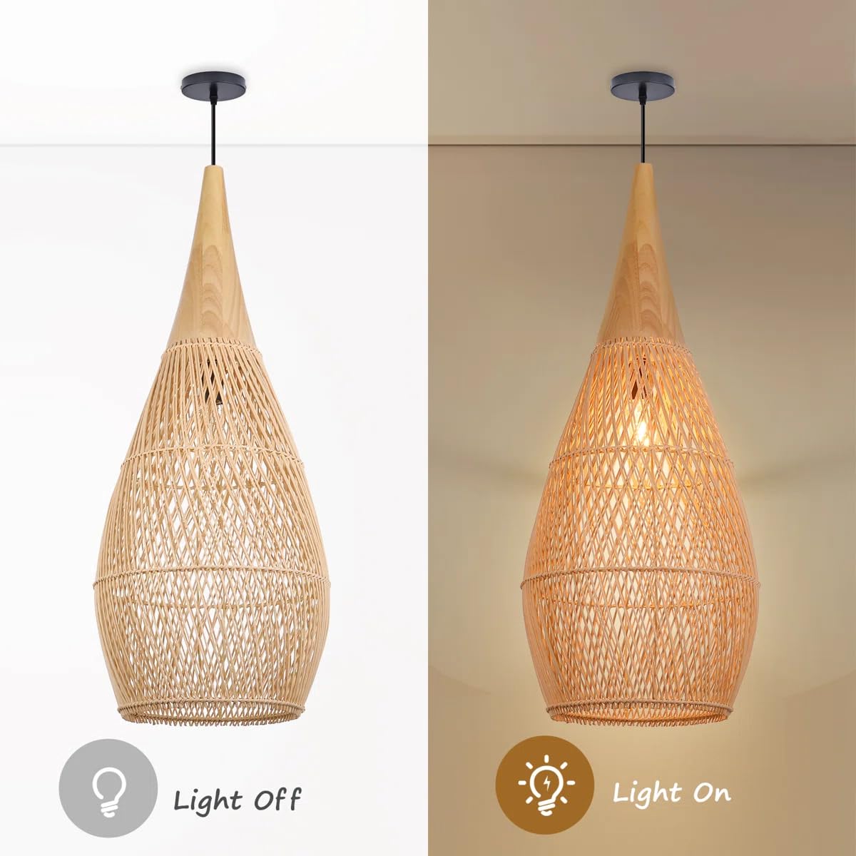 Hängelampe Rattan Wohnzimmer – Pendelleuchte Rattan Esstisch Esszimmer – Boho Lampe aus Natur als Korblampe – E27 Hängeleuchte (Ø25 cm, keine Glühbirne)