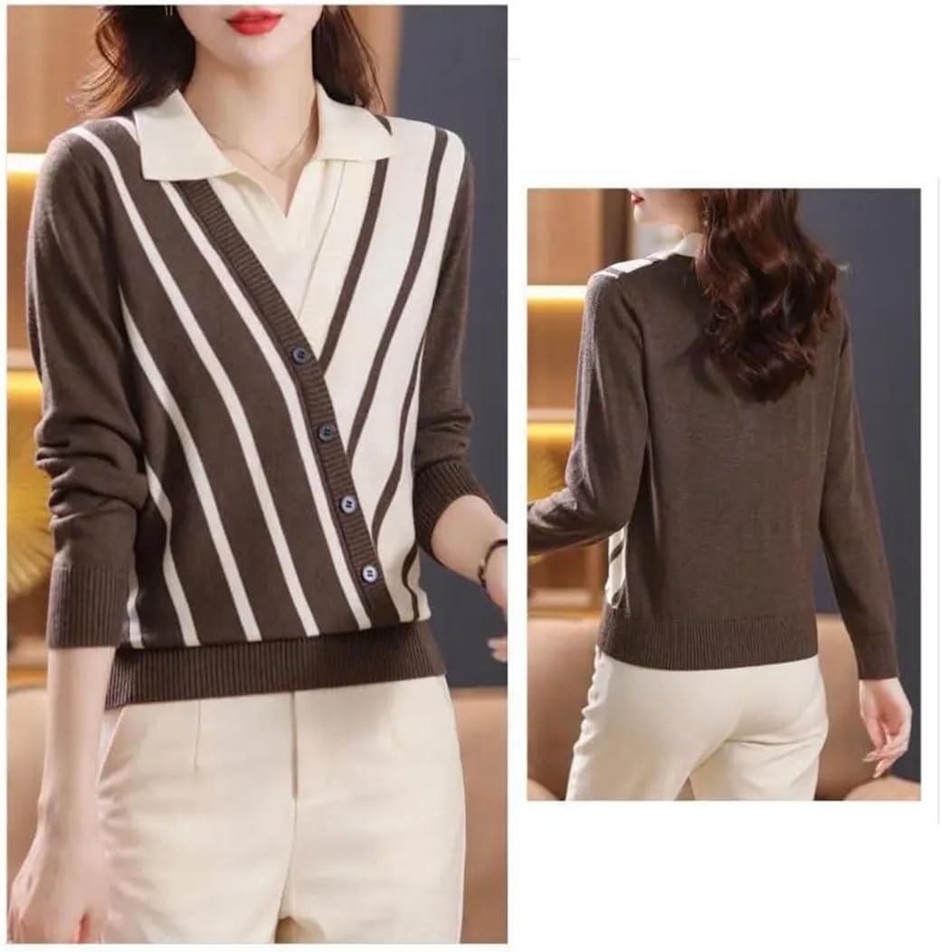 Women's Fake Two Pieces Sweaters Lapel Button Striped Contrast Color Long Sleeve Knitted Pullovers Tops