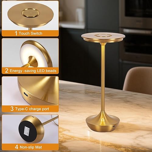 Miniatura 7 de Lámpara de mesa LED inalámbrica recargable, batería portátil de 6000 mAh, lámparas de mesita de noche para exteriores, lámpara táctil de atenuación