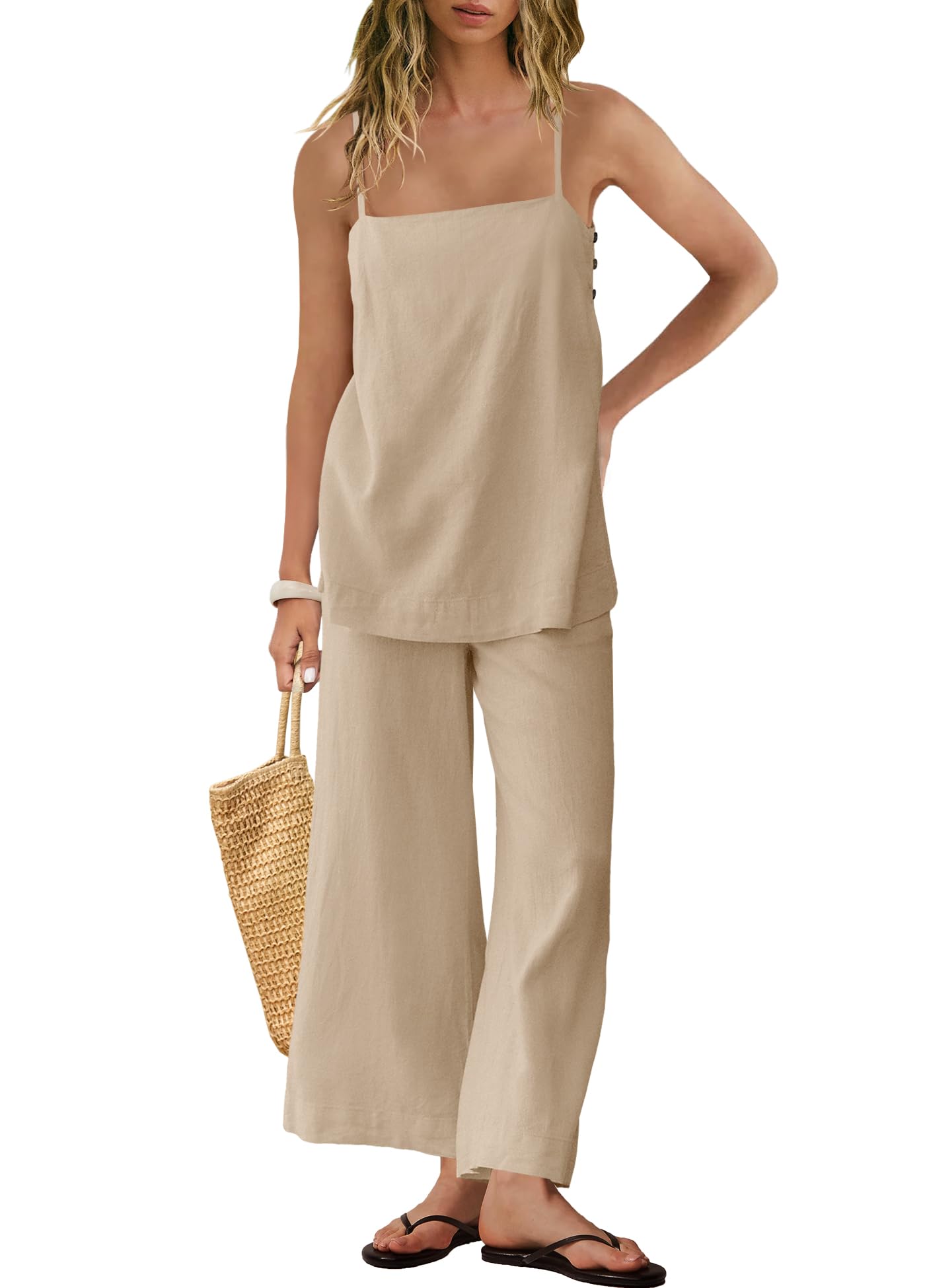 Panadila 2 Piece Linen Set Summer Travel Beach Vacation Outfit Sexy Spaghetti Strap Tank Top and Pants with Pockets