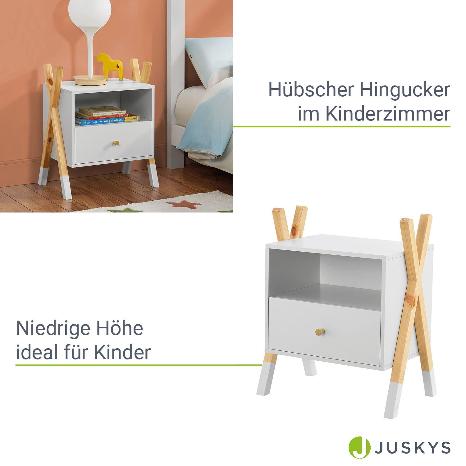 Juskys Table de Chevet pour Enfants Jamie avec tiroir, Tablette et Compartiment Ouvert - Petite Armoire de Nuit en Bois - Petite Table de Chevet - Commode Blanche Naturelle