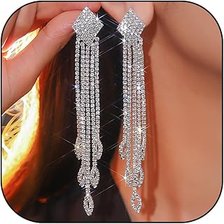 Rhinestone Drop Earrings for Women Sparkly Long Tassel Earrings Dangling Crystal Statement Prom Earrings Wedding Party Dress Outfit Jewerly Gifts