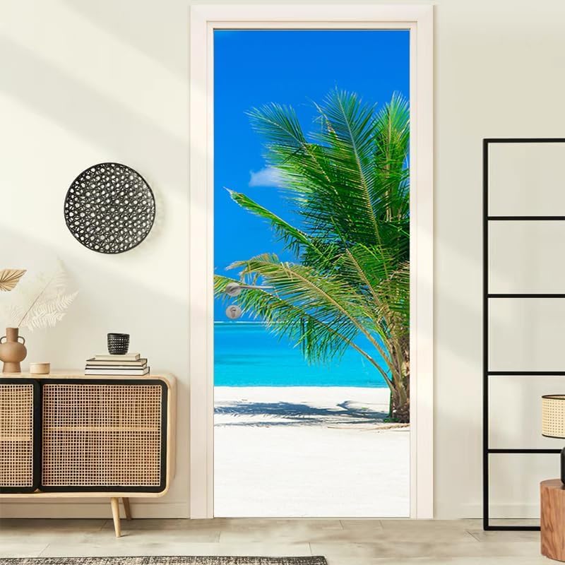 Vinilos Puertas Palmeras Pegatina Puerta Tema del Mar Pegatinas Pared Decorativas Papel Tapiz Autoadhesivo 3D Mural Puertas para Cocina de Baño Decor 85x215 cm 5673a
