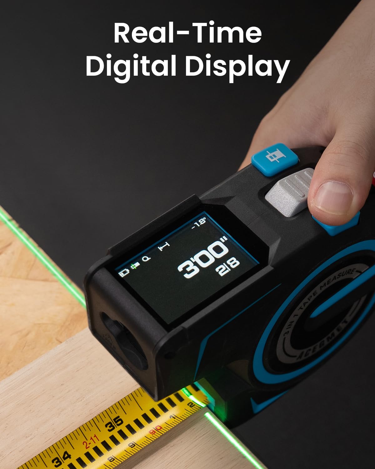 ACEGMET DTX10 Digital Tape Measure - Laser Measurement Tool & Auto Lock Tape with Instant Digital Readout, Green Aligning Laser & Incremental Measurement, USB C Rechargeable | Swappable Battery