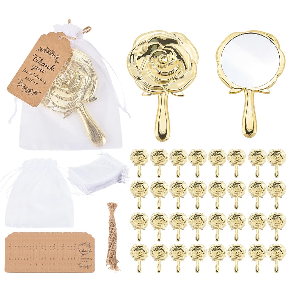 FINGERINSPIRE 36 Packung Mini Rosen Kompaktspiegel als Gastgeschenk Für Quinceañera Party Rosenblüten Handspiegel Aus Glas Mit 36 Organza Geschenktüte Mit Kordelzug 50 Geschenkanhänger 50 Juteschnüre