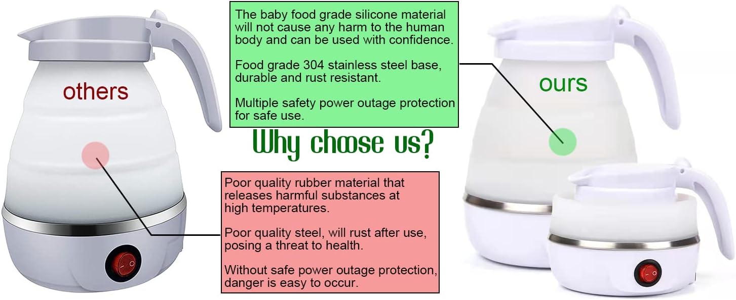 Foldable Electric Kettle, Upgraded Food Grade Silicone,600W 600ML Flash Heat Small Portable Travel Electric Kettle,110V US Plug (White) (Translucent)