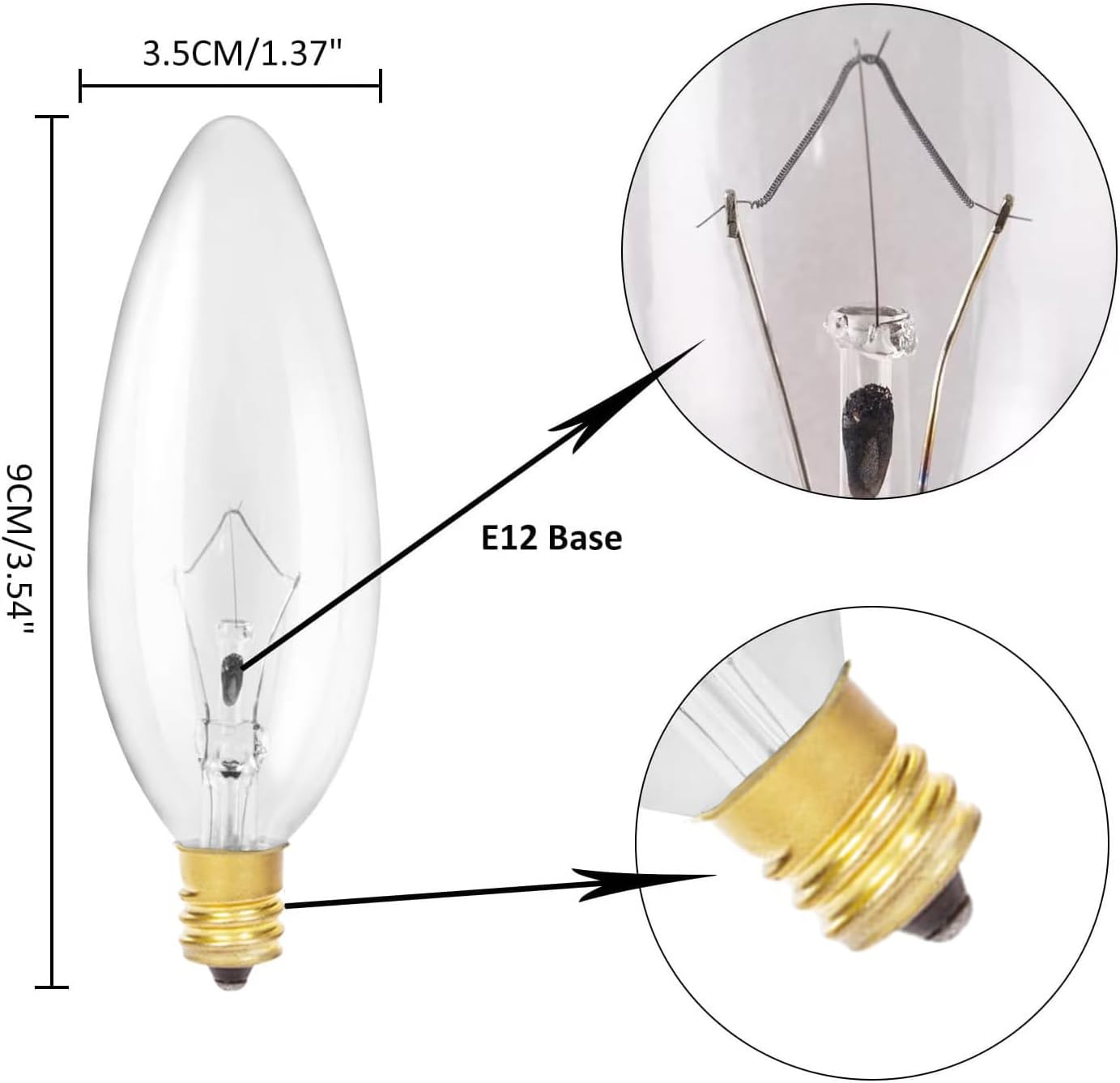 12-Pack E12 B10 Candle Light Bulbs Dimmable Chandelier Light Bulbs, Clear Candelabra Base Bulbs for Pendants or Outdoor, Ceiling Fan, Fireplace, Wall Sconces (60W)