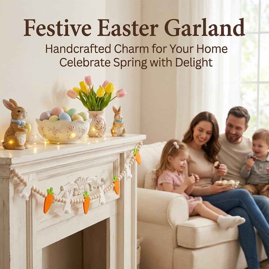 4.2 FT Easter Wooden Beads Garland with White Beads, Bunnies and Carrots, Spring Themed Beaded Banner for Easter Day, Mantel, Shelf, Wall, and Fireplace Decorations