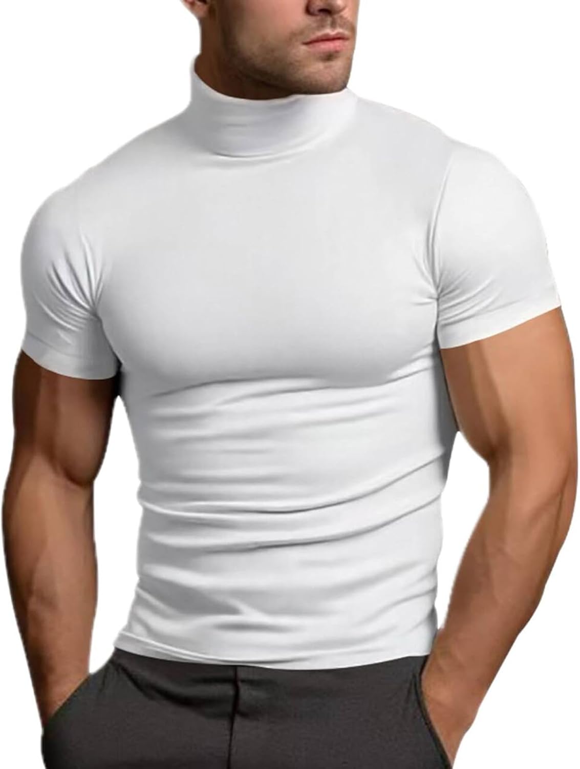 Men's Basic T Shirts Turtleneck Mock Neck T Shirt Slim Fit Short Sleeve Summer Solid Tops Fashion Tee Shirt, M-3XL