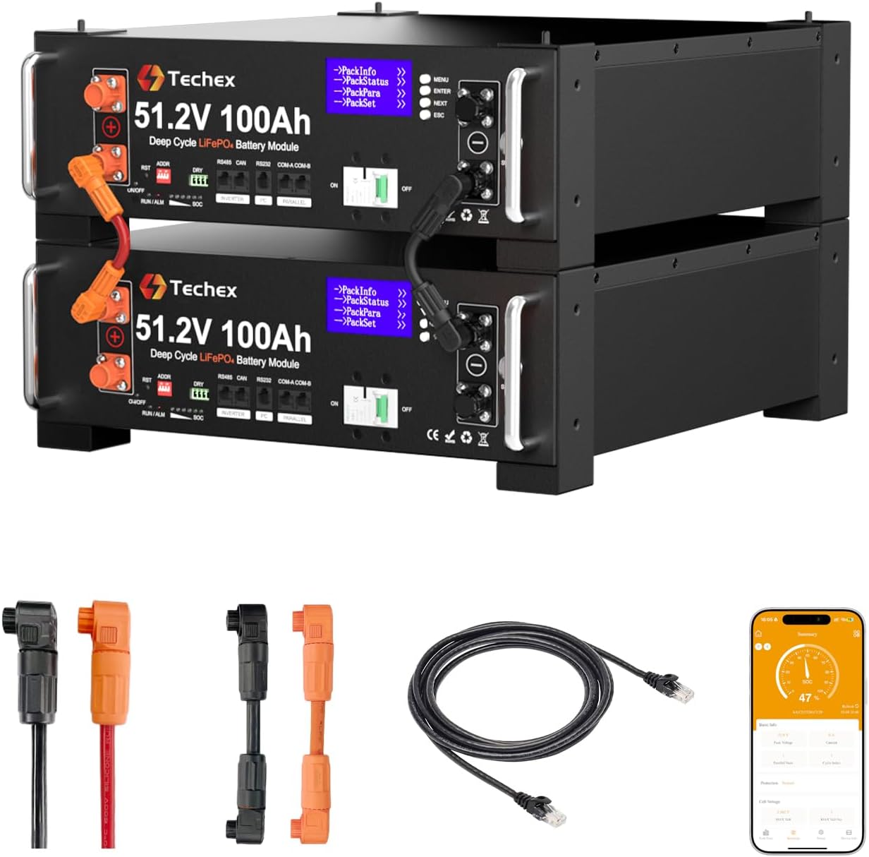 Techex 48V 200Ah LiFePO4 Battery, 100A BMS with Inverter Communication, 3U Rack-Mount, WiFi& Bluetooth& Smart Display, Fire Suppression, Max. 10.24kW Power Output for Off-Grid, Solar System, Backup