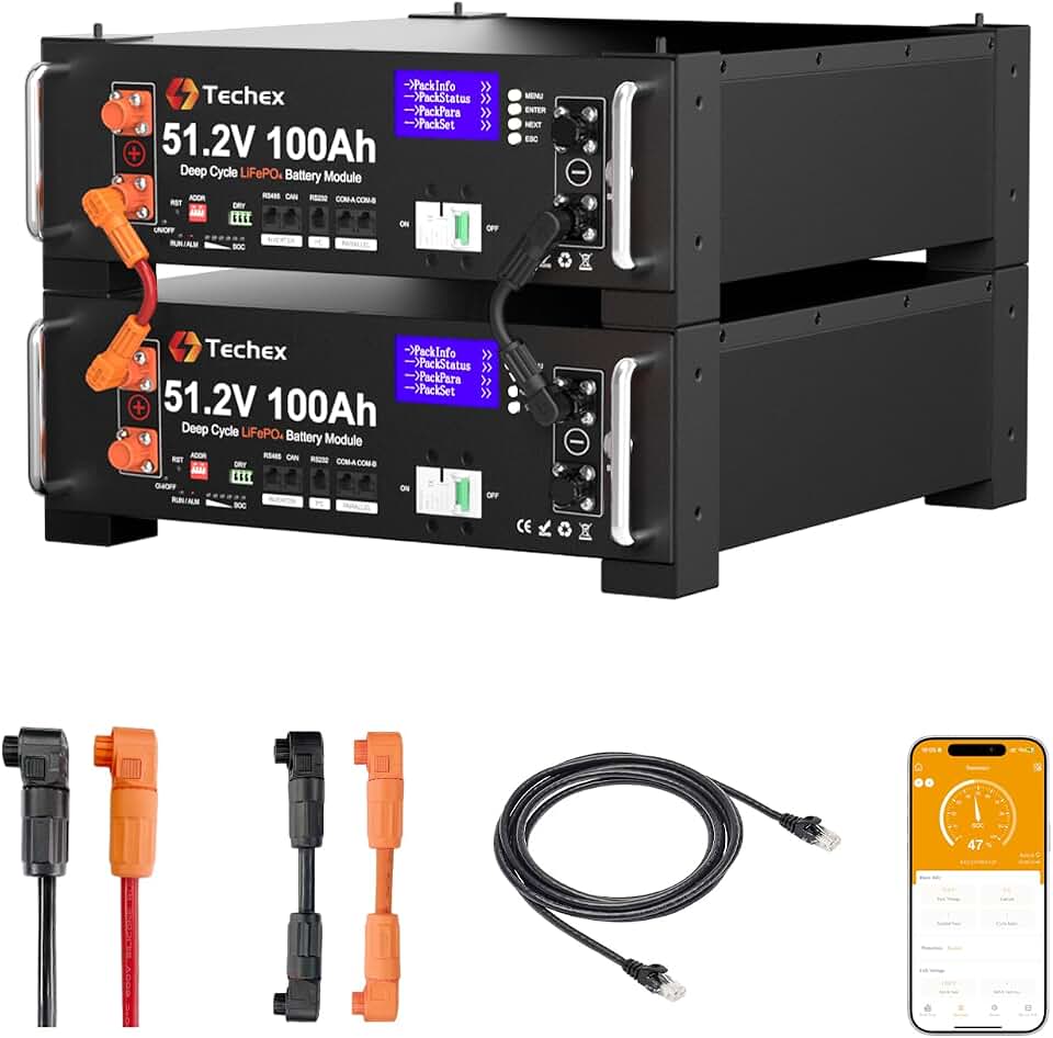 Techex 48V 200Ah LiFePO4 Battery, 100A BMS with Inverter Communication, 3U Rack-Mount, WiFi& Bluetooth& Smart Display, Fire Suppression, Max. 10.24kW Power Output for Off-Grid, Solar System, Backup