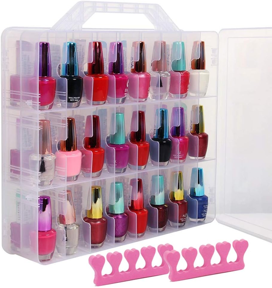 WEIYI Clear Nail Polish Organizer Case Stores 48 Bottles Holder Double Side with Adjustable Compartments and 2 Toe Separators
