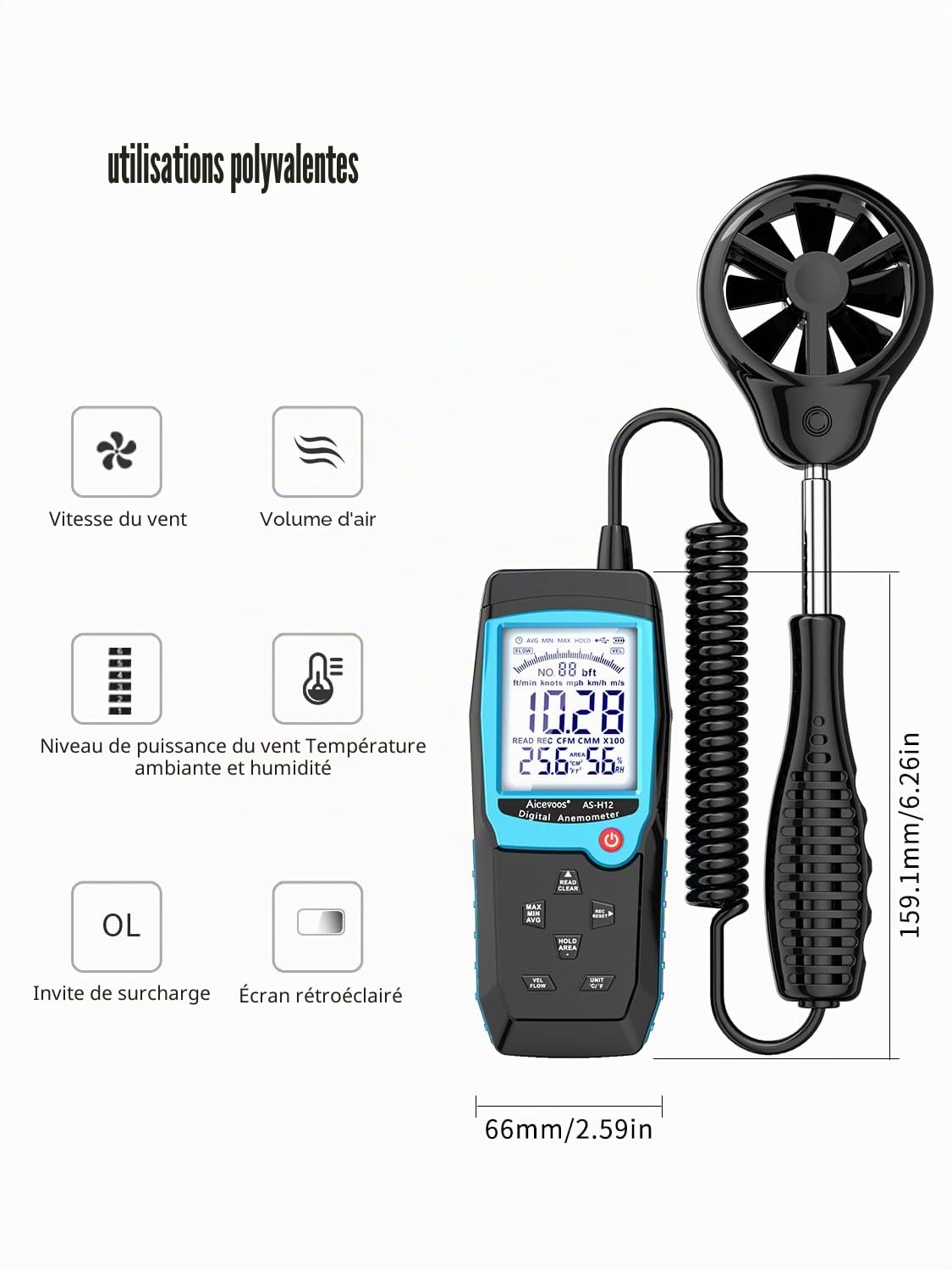 Anémomètre Numérique Portable Avec Capteur de Vent étendu, Mesure la Vitesse du Vent, la Température et l'humidité, la Vitesse du Flux d'air CFM avec Grand écran LCD Rétroéclairé