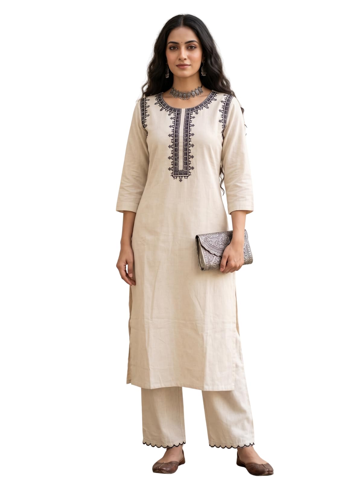 Women's Pure Cotton Kurta Pant Set | Cotton Kurta Sets for Woman | Round Neck 3/4 Sleeve Regular Fit Straight Embroidered Kurti | Office Wear Kurtas Sets for Women Casual Daily Outfit-image-32