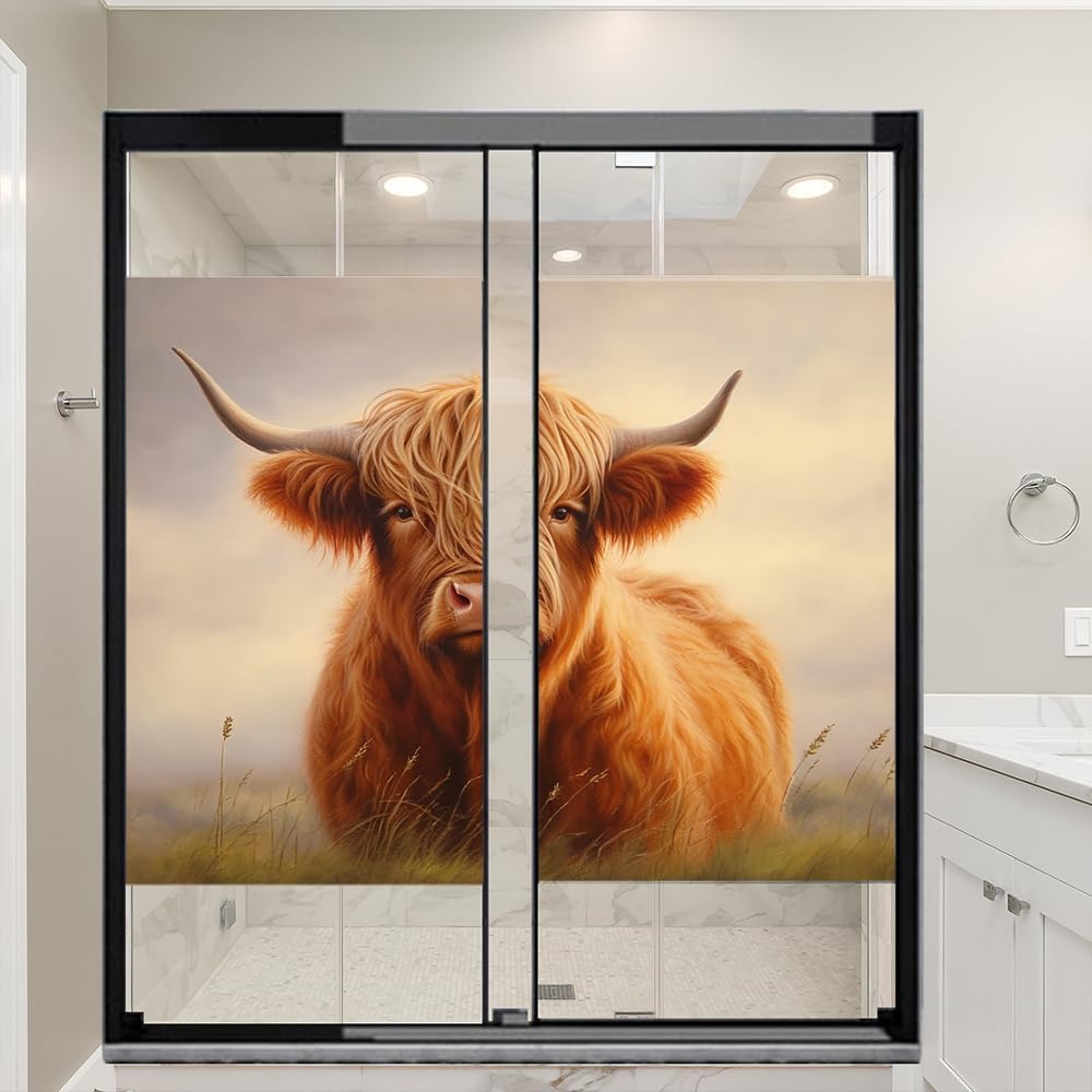 Pasture Cattle Stained Glass Window Film Modern Farmhouse Style Privacy Window Film Glass Door Covering Non-Adhesive Window Stickers for Room Kitchen 35.4Wx55.1L-inch x2 Pcs