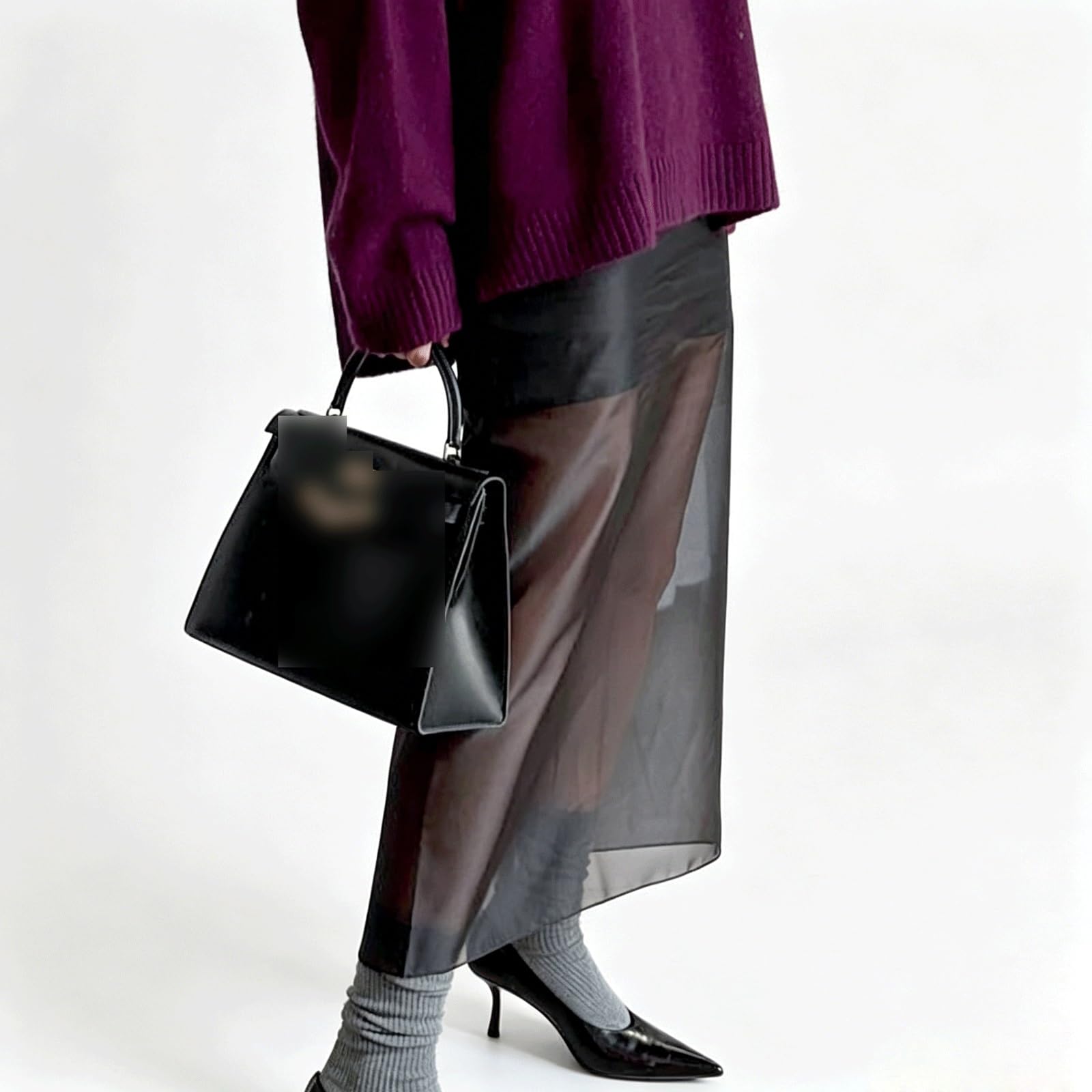 Commuter Midi Long Skirt Sheer Women's Maxi Skirts with Zipper(Nero,Lagre)
