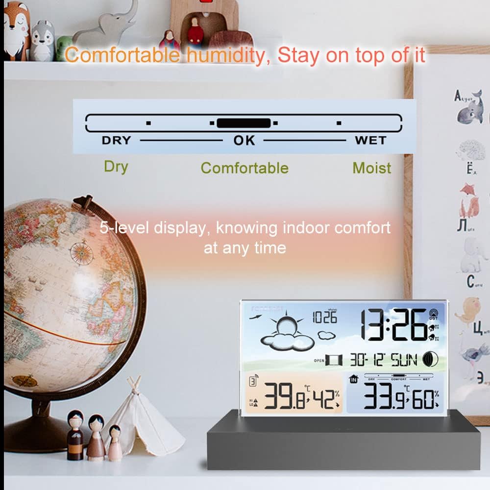 Cyfrowa stacja pogodowa, bezprzewodowy termometr do wnętrz i na zewnątrz z czujnikiem zewnętrznym, dużym wyświetlaczem LCD, prognozą temperatury i wilgotności