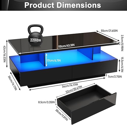 Miniatura 2 de Mesa de centro LED grande de 43 pulgadas con 2 cajones de almacenamiento grandes, luces de 60.000 colores, control de aplicación, mesa auxiliar