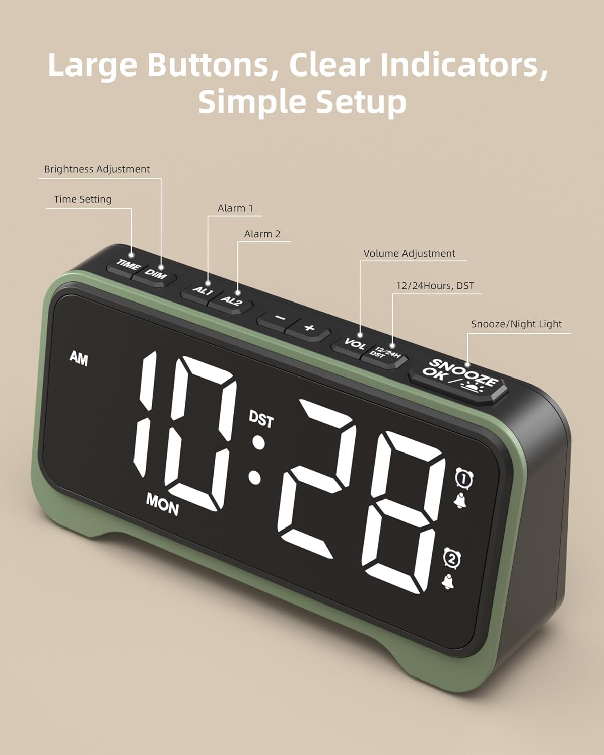 ROCAM Digital Alarm Clock with labeled buttons