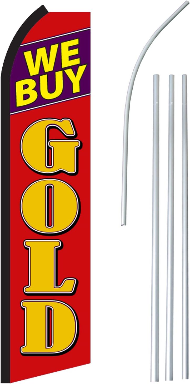 NEOPlex - "We Buy Gold" - Floppy Flappy Flutter Flag and Pole Set - Includes 12-Foot NEOPlex Feather Flag with 15-Foot Aluminum Pole (no Mount)
