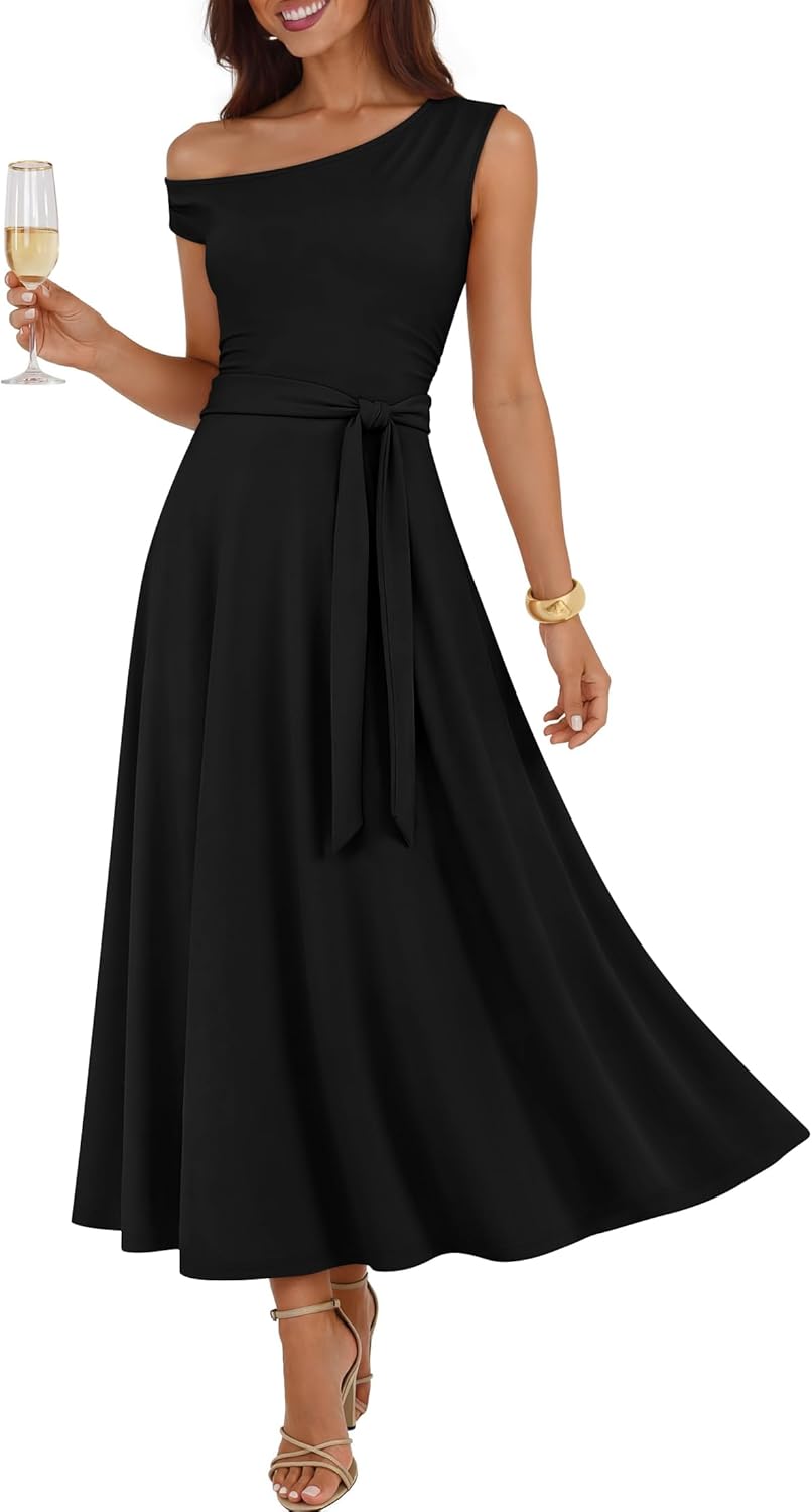 ZESICA Womens Summer One Shoulder Cocktail Maxi Dress 2026 Formal Sleeveless Flowy Wedding Guest Party Dresses with Belt