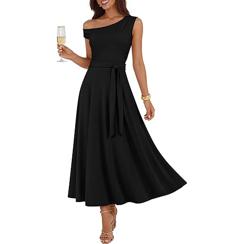 ZESICA Womens Summer One Shoulder Cocktail Maxi Dress 2026 Formal Sleeveless Flowy Wedding Guest Party Dresses with Belt