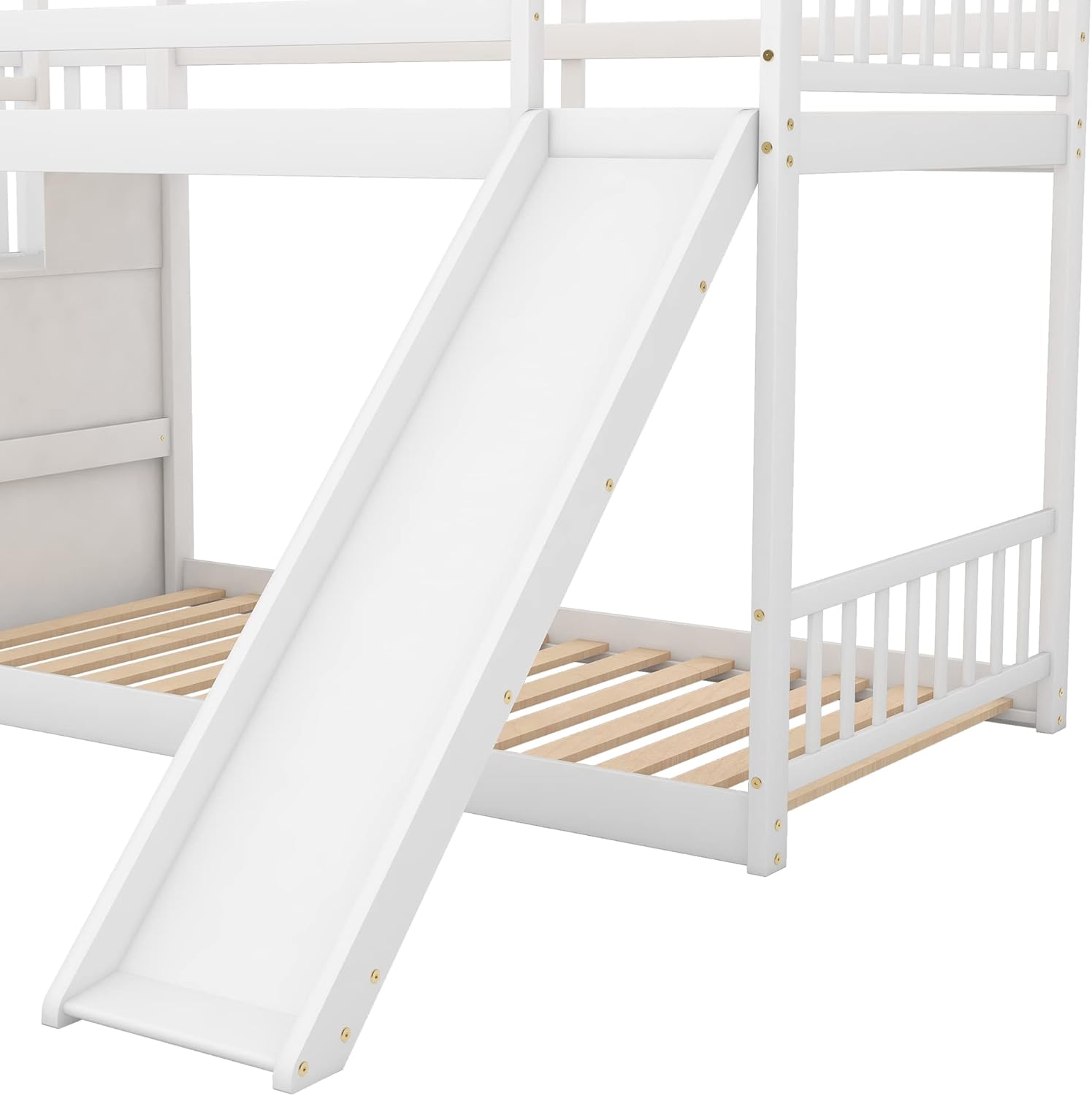 LZ LEISURE ZONE Twin Over Twin Bunk Bed, Stairway Twin Size Bunk Bed with Slide, White