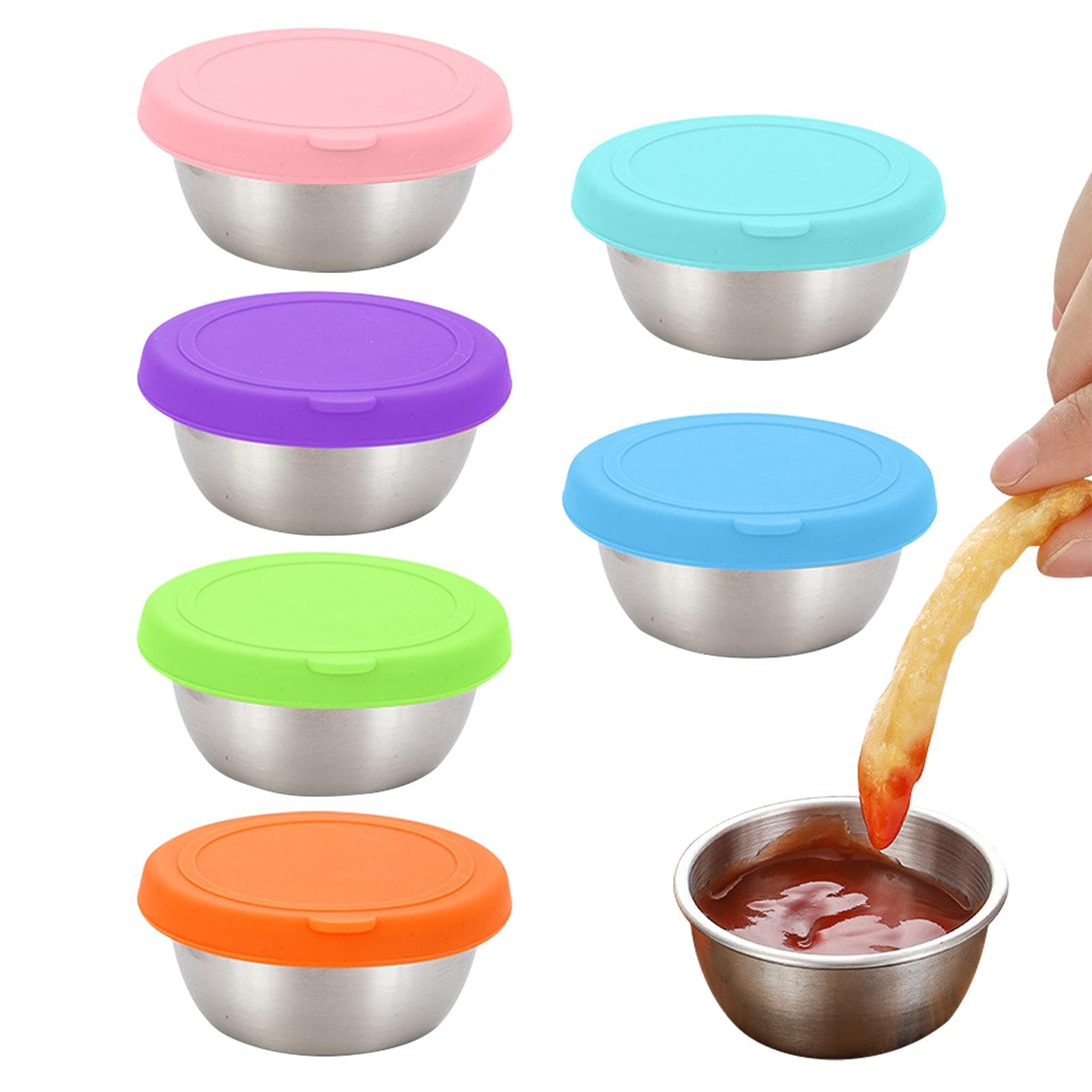 SUNOYA 6 Pièces Recipient Sauce En Acier Inoxydable, 180ml, Récipient a Vinaigrette, Récipients a Vinaigrette, avec Couvercles En Silicone, pour Collations, Sauces, Salade, Épices